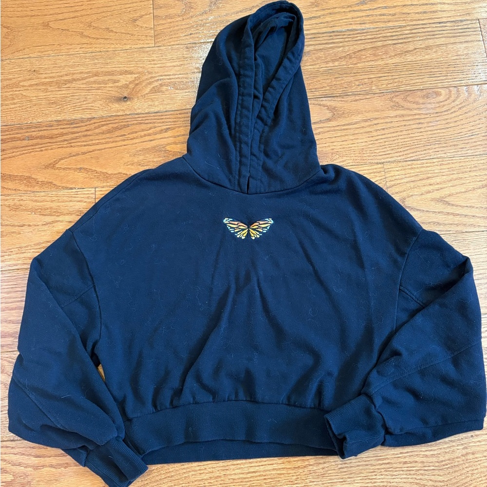 Garage Cropped Hoodie with Butterfly Embroidery – Black, Size Small